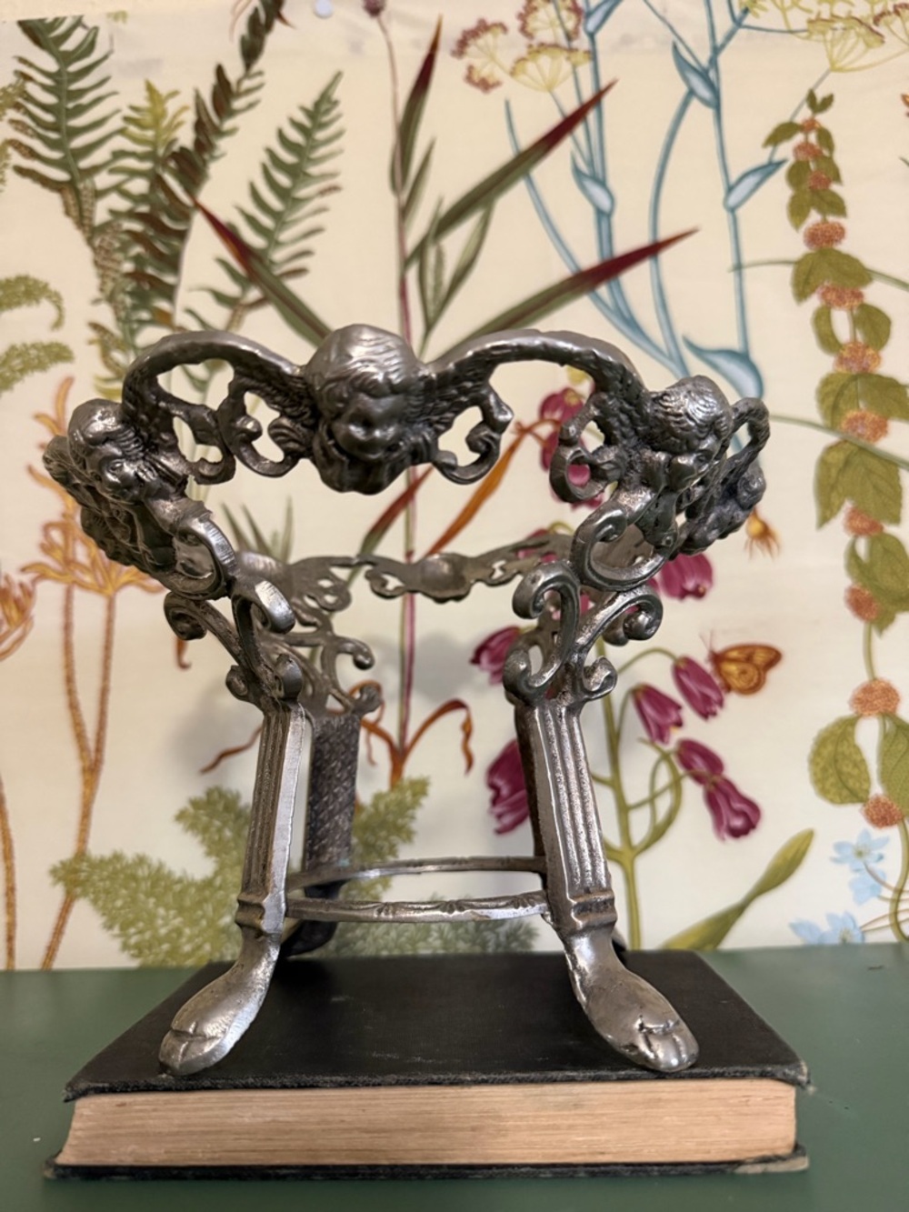 Ornate Metal Decorative Stand in Pewter Tone